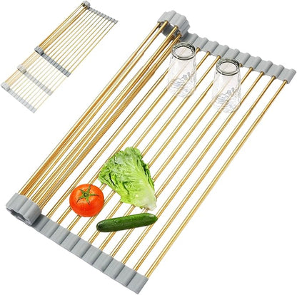 HAYAWEY Golden Expandable Roll-UP Dish Drying Rack-Large 304 Stainless Steel Dish Drainer Over The Sink for Kitchen Countertop,Extendable & Rollable & Food Grade (Gold,22.08'x 13.2')