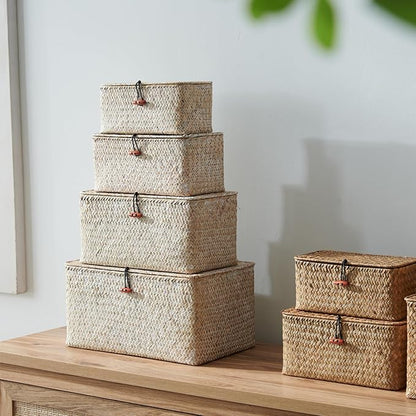 4 Pack, Wicker Baskets with Lids, Nautral Seagrass Storage Baskets, Wicker Storage Baskets for Organizing, Rustic Rectangular Storage Basket, Rattan Storage Organizer for Shelf Whitewash