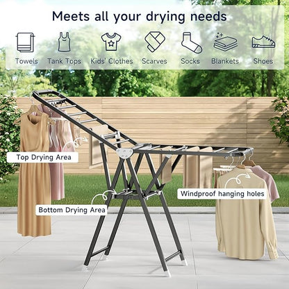 MIKEE Clothes Drying Rack,Foldable Laundry Drying Rack for Indoor & Outdoor Use，with Height-Adjustable Wings，2-Tier Clothes Rack with Windproof Hanging Holes and Wheels，132 lb