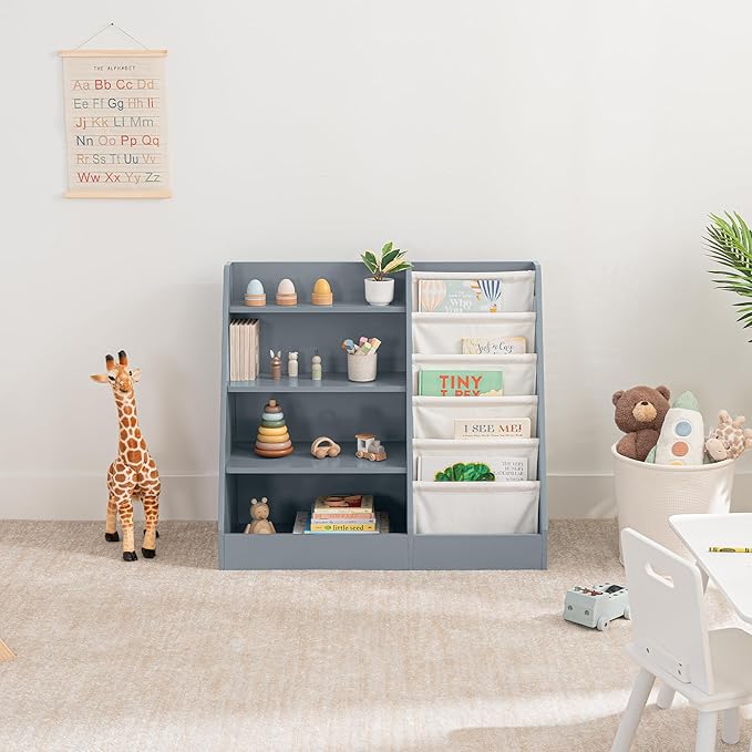 Comfy Cubs Kids Bookshelf 35.2 x 15.7 x 31.5 Inches - Sturdy MDF Montessori Book Shelf with Soft & Hard Shelves for Toys & Books - Child-Friendly, Easy Access Storage Organizer for Kids - Blue