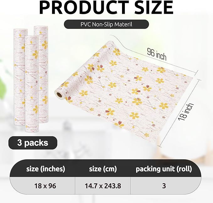 RAY STAR 18X96 Inch Shelf Liner for Kitchen Cabinets, Non-Adhesive Cabinet Liner Washable, PVC Drawer Liner for Dresser Non-Slip Bathroom (Yellow-Floral)(3 Roll)