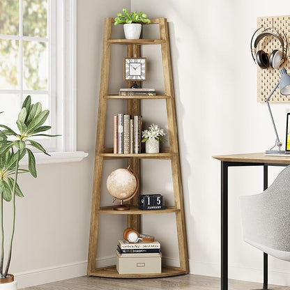 Tribesigns 70 inch Tall Corner Shelf, 5 Tier Modern Corner Bookshelf Bookcase Industrial Corner Ladder Shelf Plant Stand for Living Room, Kitchen, Home Office (Light Brown)