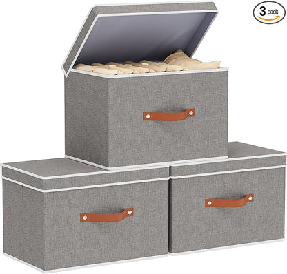 Storage Baskets with Lids and Double Handles, Linen Foldable Storage Bins, 17.7 x 11.8 x 11.8 Inch Closet Organizer Boxes for Laundry Bedroom, Grey, 3-Pack