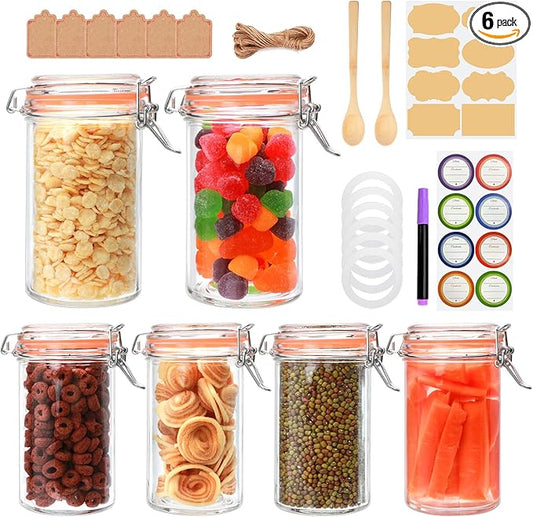 Flrolove 16 oz Glass Jars with Airtight Lid, Set of 6 Mason Jars 16 oz, Glass Storage Jars, Airtight Glass Jars, Canning Jar，Glass Canister with Seal for Pickle, Vanilla, Cookie, Jelly