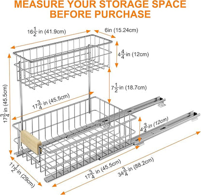 ROOMTEC Pull Out Cabinet Organizer Under Sink Slide Out Storage Shelf with 2 Tier Sliding Wire Drawer, Sliding Storage for Inside Kitchen Cabinet- 11½ in. W x 17¾ in. D (Left)