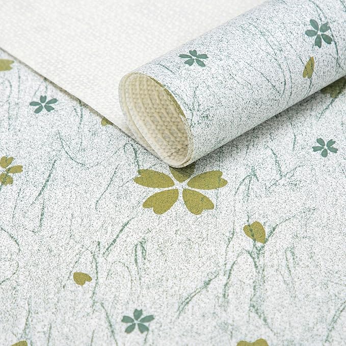RAY STAR 18X96 Inch Shelf Liner for Kitchen Cabinets, Non-Adhesive Cabinet Liner Washable, PVC Drawer Liner for Dresser Non-Slip Bathroom (Green-Floral)(3 Roll)