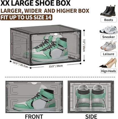 TOFWOF 6 Pack XX Large Shoe Organizer, Heavy-Duty Hard Thicken Plastic Clear Stackable Shoe Storage Box Organizer for Closet, Space-Saving Shoe Rack Display Case Bin Containers for Sneakers, Grey