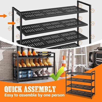 4-Tier Heavy Duty Metal Shoe Rack, 200 lbs Load Capacity Shoe Organizer with Reinforced Steel Tubes, No-Wobble Free Standing Shoe Shelf for Entryway, Closet, Bedroom, Dorm – Easy Assembly, Black