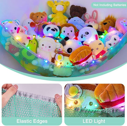 Unicorn Castle Stuffed Animals Net or Hammock Kids Toy Storage Organizer with LED Light Hanging Corner Stuffed Animals Holder Kids Girls Room Decor,Green,Large (Pack of 1)