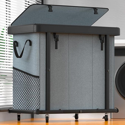 230L (60 Gal) Large Fashion Laundry Basket with Wheels, Leather Patchwork Laundry Sorter 3 Section, Sturdy Metal Frame, Removable Washable Bag, Tall Clothes Sorter for Bedroom - Gray
