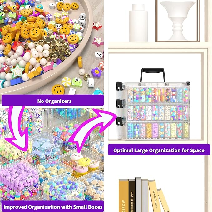 Bead Organizer Box 90 Pcs, 3-Tier Large Capacity Stackable Bead Storage Containers, Portable Plastic Craft Organizers for Jewelry Making, Bracelets, DIY, Nail Art Charms