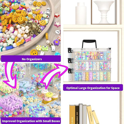 Bead Organizer Box 90 Pcs, 3-Tier Large Capacity Stackable Bead Storage Containers, Portable Plastic Craft Organizers for Jewelry Making, Bracelets, DIY, Nail Art Charms
