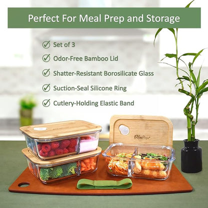 EcoPreps Glass Bento Box Containers with Bamboo Lids, 3 Compartment Glass Meal Prep Containers (3 Pack) - 100% Plastic Free, Eco-Friendly Lunch Container Set, Bamboo Lid Bento Boxes for Adults