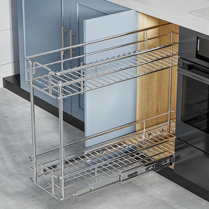 ROOMTEC Pull Out Spice Rack for Narrow Cabinet (8½" W X 21" D),2 Tier Slide Out Cabinet Organizer and Pull Out Shelves Under Cabinet Storage for Kitchen, Chrome