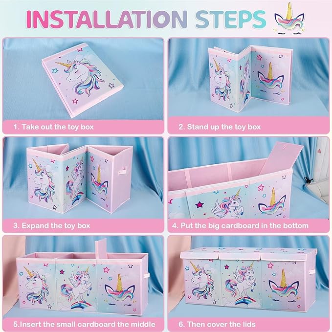 WERNNSAI Extra Large Toy Chest - Unicorn Toy Box Chest Organizer with Flip-Top Lid Collapsible Sturdy Storage Bin with Handles 38 x 13 x 16 Inch for Kids Girls Pink Closet Nursery Living Room Bedroom