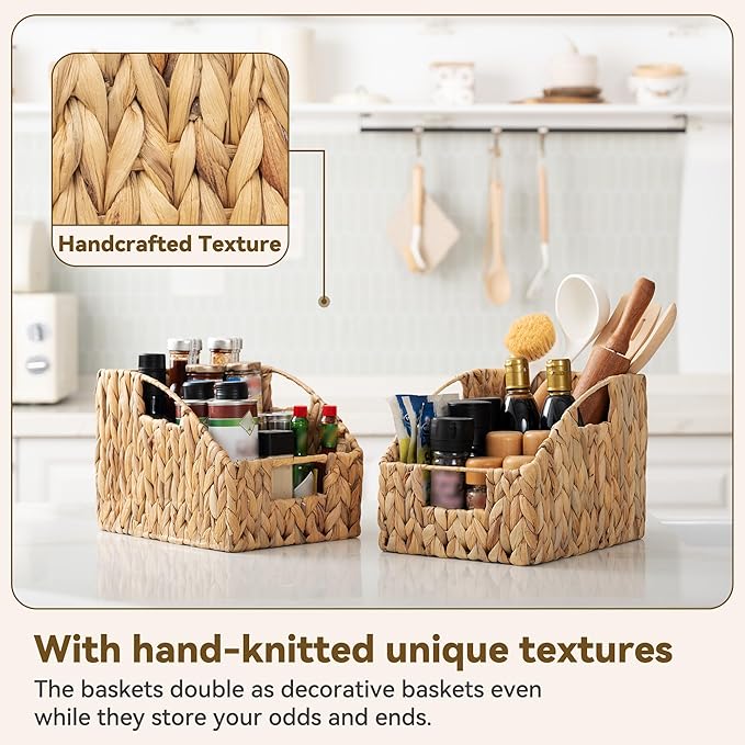 GRANNY SAYS Wicker Storage Baskets for Shelves, Trapezoid Woven Basket with Handles, Storage Wicker Baskets for Pantry, Water Hyacinth, 2-Pack