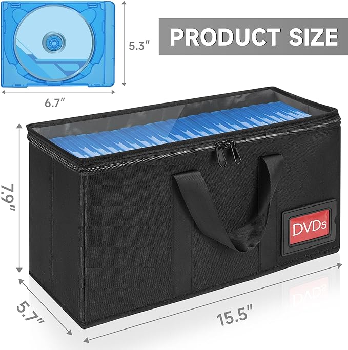 DVD Storage Case 2 Pack, Each Holds 25 DVDs (50 Total), 15.5" x 5.7" x 8", Portable Organizer Bag with Clear Cover, Zipper & Handles, Black