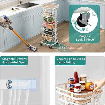 5 Tier Kitchen Fruit Vegetable Storage Cart with Rotating Basket, Rolling Rack Shelf Organizer Floor Stand on Wheel for Snack Spice Produce Veggie Onion Potato Bin, Vianderos Para Cocina, White