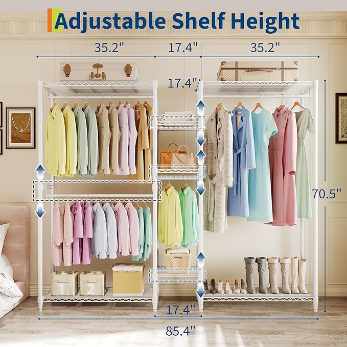 Portable Clothes Rack Heavy Duty Garment Rack, L-Shaped Closet Wardrobe with Adjustable Shelves, Freestanding Closet Organizer and Storage for Corner Apartment Bedroom, 70.5"H x 85.4"L x 17.4"W