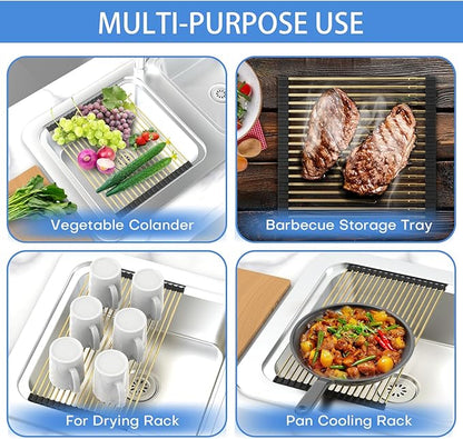 AXIMIXAME Expandable Large Draining Rack, Roll Up Heat-Resistant Dish Drainer for Stainless Steel Sinks, Collapsible Over The Sink Rack Non-Slip Silicone Rolling Up Rack Gold 18 Tube