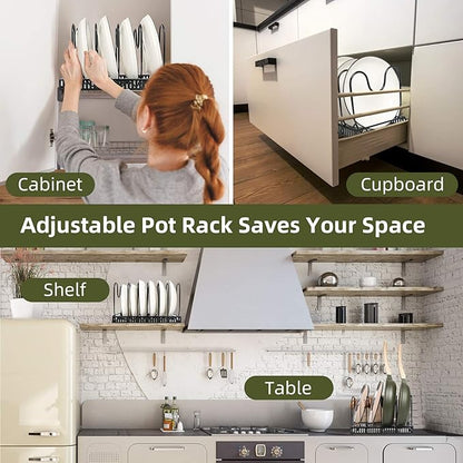 ROOHUA Pot Rack -Expandable Pan Organizer for Cabinet, Lid Holder with 10 Adjustable Compartment for Kitchen Cabinet Cookware Baking Frying Rack