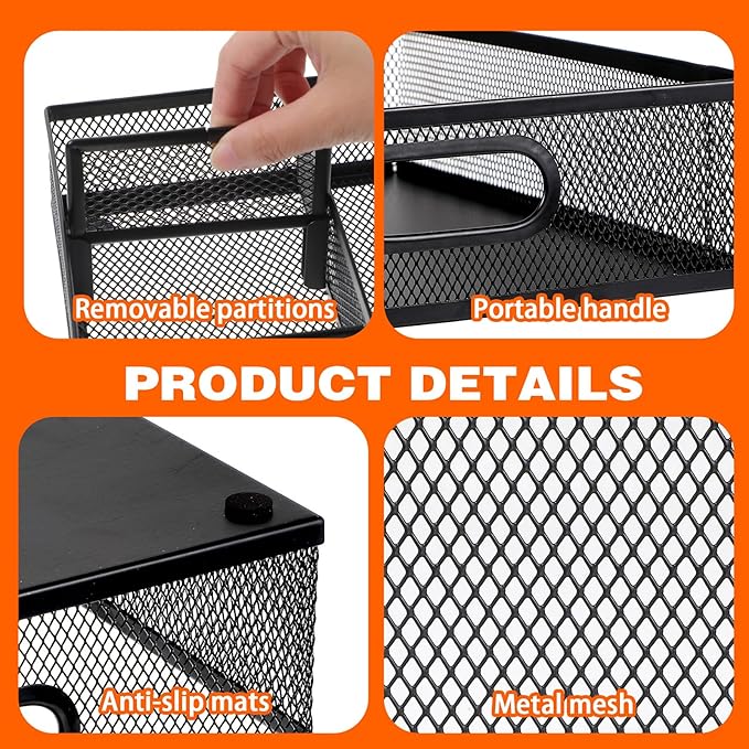 4 Pack Desk Drawer Organizer Tray Set - Black Metal Mesh Desk Drawer Organizers and Accessories with Adjustable Dividers for Office Supplies Storage