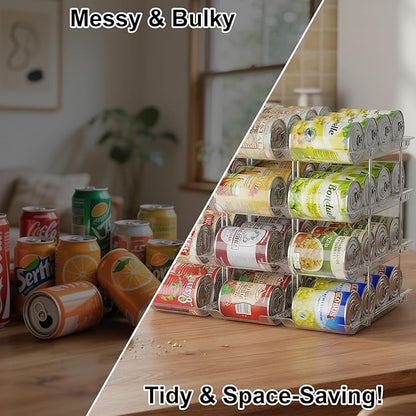 cjc Can Organizer for Pantry, Can Organizer for Fridge, Holds 48 Cans Clear Stackable, Soda Pantry Organizers and Storage Auto-Rolling & Free Combination for Countertop Kitchen Cabinet 3 Sets 4 Tiers