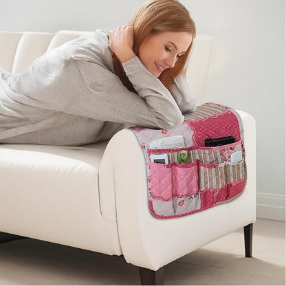 luckyjoyreal Armchair Caddy for Couch Remote Control Holder Non-slip Sofa Armset Organizer Caddy Storage for Recliner Couch 5 Pocket for Cell Phone Magazine 35"x13" Pink Vintage 1 Piece