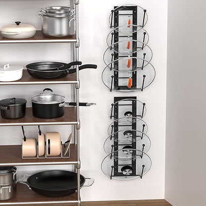 8 Layers of Adjustable Pot Lid Organizer Rack for Cabinet Door/Wall，2Pack Lid Organizer Pots and Pans Holder for Kitchen Storage with No Drilling Adhesive 5.7 W“(Black)