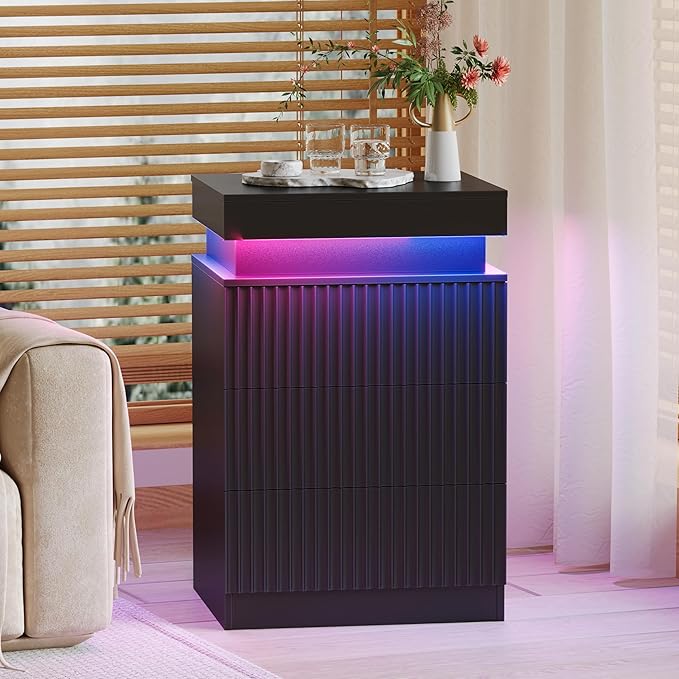 BOXACTION Black Nightstand with 3 Drawers and LED Light, Mid Century Modern Fluted Night Stand with Charging Station, Bedside Table & End Table for Bedroom