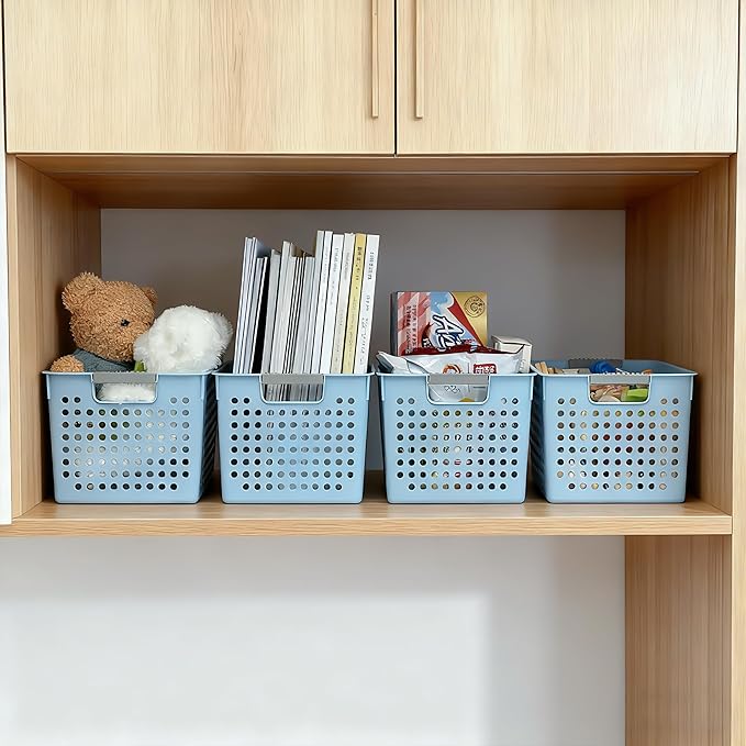 Soddeph 4 Pack Plastic Deep Storage Basket with Handles, Cubbies Organizer Bins with Hollow Design for Under Counter, Closet, Kitchen or Bathroom 12.3" × 8.7" × 6.9" (Blue, Medium)