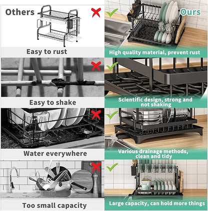 XLMYS Dish Drying Rack, 2 Tier Large Dish Drying Rack for Kitchen Counter with Drainboard Stainless Steel Dish Drainer for Dish/Knifes/Cup/Cutting Board, Black