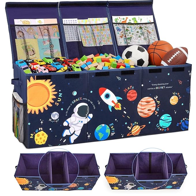 Unicorn Castle Toy Box with Adjustable Divider Toy Chest Storage Large Toy Storage Organizer Bin Collapsible with Lid Pockets for Nursery Playroom,Blue Astronaut
