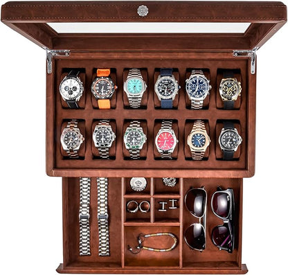 Awesometik 12 Slot LUXURY Faux Leather Watch Box Organizer. Real Glass Top. Watch Display & Watch Holder for Men. Watch Collection, Protection. For Men Ready to Gift (12 Slot Watch Box with Drawer)
