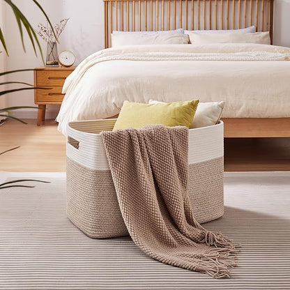 OIAHOMY 108L Extra Large Blanket Basket, 25”x16”x16” Laundry Basket, Blanket Storage for Living Room, Dog Toy Storage with Handle - Brown & White