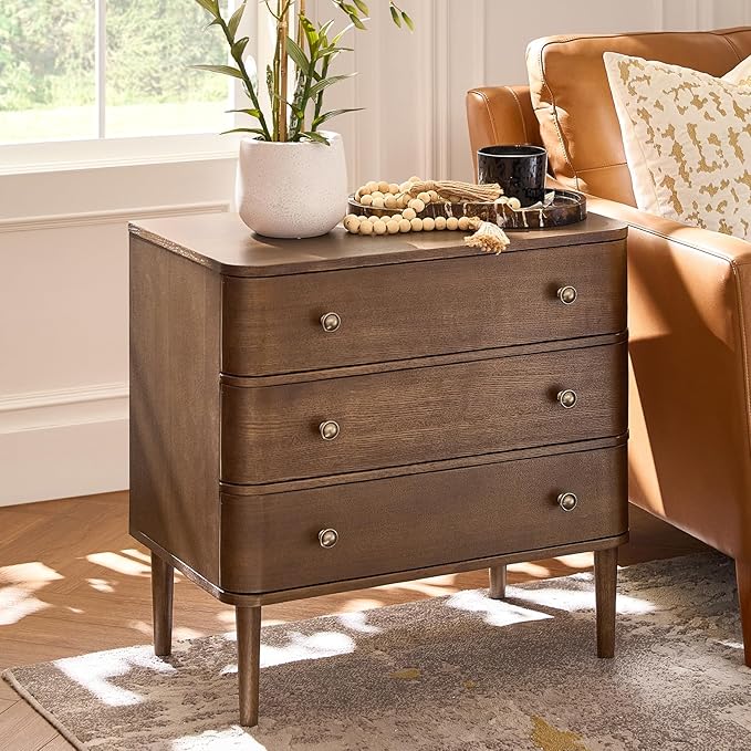 HULALA HOME Modern End Table with Charge Station, 3 Drawer Wood Side Table with Solid Wood Legs & Adjustable Feet, Curved Design End Table, Walnut