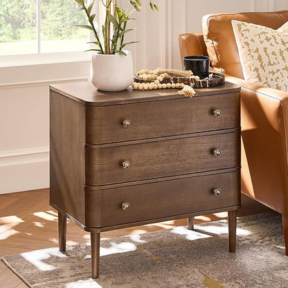 HULALA HOME Modern End Table with Charge Station, 3 Drawer Wood Side Table with Solid Wood Legs & Adjustable Feet, Curved Design End Table, Walnut