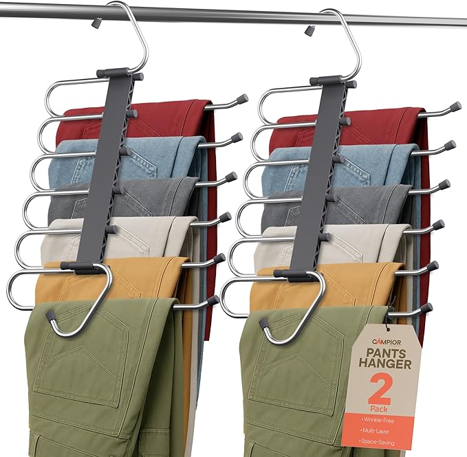 Campior Space Saving Pants Hangers 2 Pack, 6 Layer Jeans Hangers and Closet Organizer for Jeans, Scarves, & Skirts, Multi-Layer Hanger with Anti-Slip Stopper, Heavy-Duty S-Type Stainless Steel, Gray