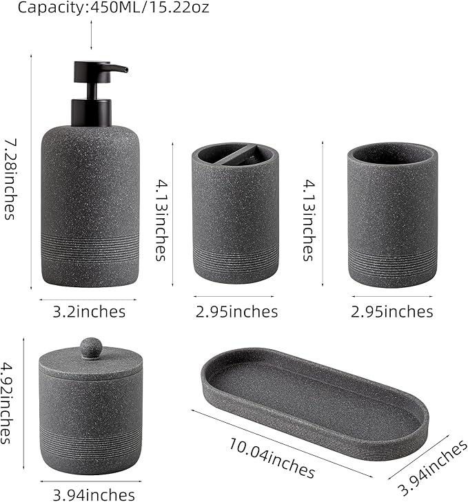 Haocoott Bathroom Accessories Set, 6 PCS Modern Bathroom Accessory Set with 15 OZ Soap Dispenser, Toothbrush Holder, Vanity Tray, Tumbler, 2 PCS Qtip Holders (Grey)