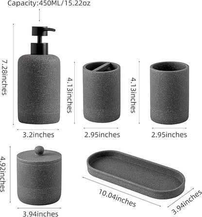 Haocoott Bathroom Accessories Set, 6 PCS Modern Bathroom Accessory Set with 15 OZ Soap Dispenser, Toothbrush Holder, Vanity Tray, Tumbler, 2 PCS Qtip Holders (Grey)