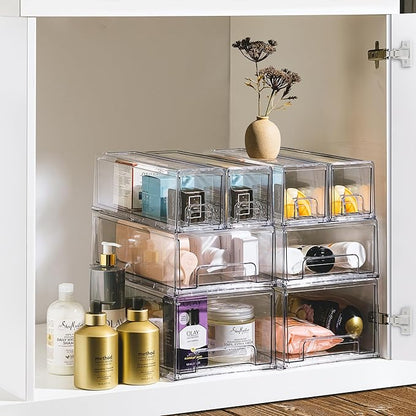 Sorbus Medium Clear Stackable Storage Drawers – 6-Pack Plastic Organizer Bins with Handles – Stackable Pull-Out Storage Drawers for Closet, Pantry, Office, Bathroom, Craft, and Toy Organization