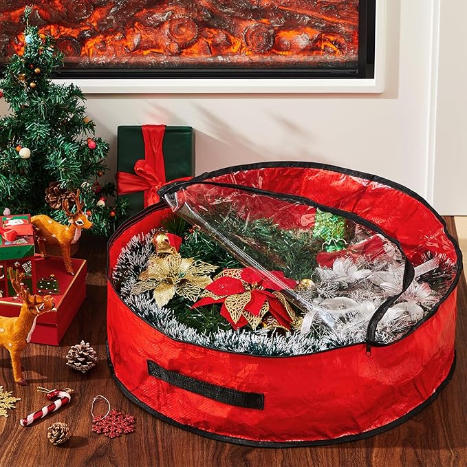 4 Pcs Christmas Wreath Storage Bag, Christmas Garland Storage Container with Clear Window, Zipper & Handle for Xmas Holiday Seasonal Wreath Garland Box(Red,36")