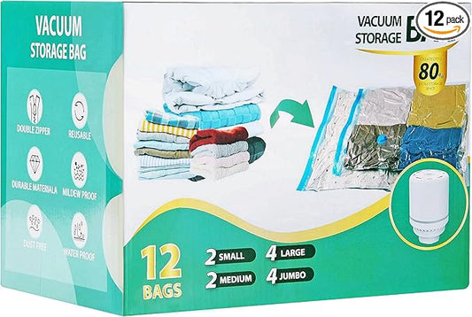 Vacuum Storage Bags with Electric Pump, Vacuum Seal Space Saver Bag for Clothes, Clothing, Blanket Bedding Comforters,Combo 12 Pack