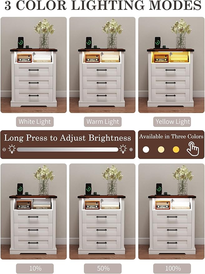 Suuiwau Farmhouse Nightstand with 3 Drawers and Open Storage Shelf, Modern Nightstand with Smart Human Sensor LED Light, Wood Bedside Table with Charging Station for Bedroom, Dorm, Office (White)