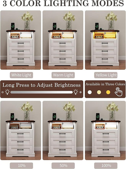 Suuiwau Farmhouse Nightstand with 3 Drawers and Open Storage Shelf, Modern Nightstand with Smart Human Sensor LED Light, Wood Bedside Table with Charging Station for Bedroom, Dorm, Office (White)