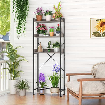 LOKO 3-Tier Over The Toilet Storage Rack, Bathroom Space Saver Shelf, Freestanding Above Toilet Organizer with 4 Hooks, Anti-Tipping Device, Metal Frame Toilet Rack for Balcony Laundry (Grey+Black)
