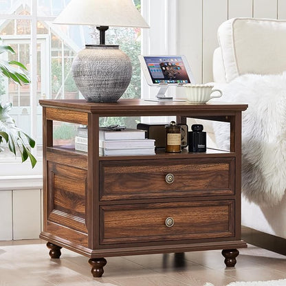 Joaxswe 24" Wide Farmhouse Night Stand,Large End Table with 2 Drawers & Metal Handle,Wood Dresser for Bedroom, Brown Bed Side Table Chest of Drawers Cabinet,Nightstand for Living Room,Closet