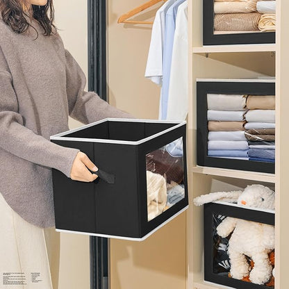 Storage Bins with Lids, 4 Pack Large Storage Cubes with Window, Closet Bins with Lids & Handles, Fabric Box for Organizing Clothes, Towels, Books, Black