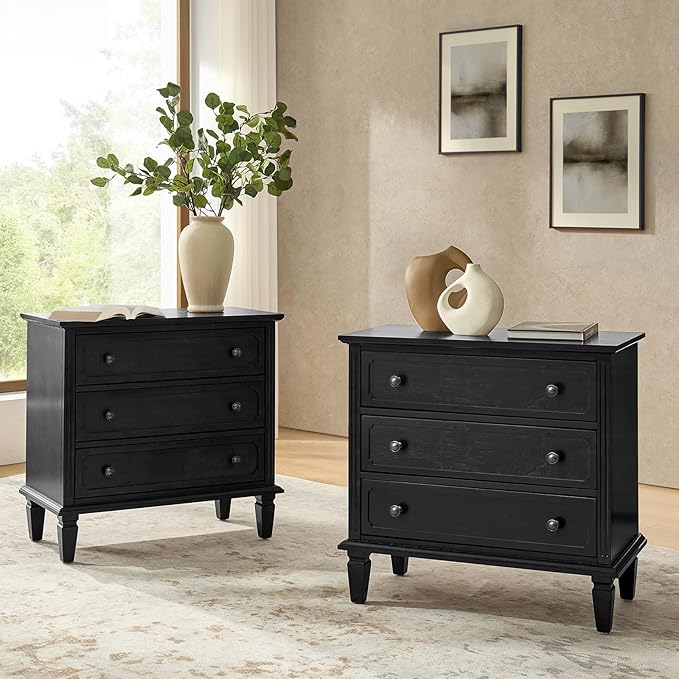 HULALA HOME 3 Drawer End Table with Charging Station, Wooden Drawer Organizer with Wood Legs, Mid Century Modern End Table Set of 2, Black