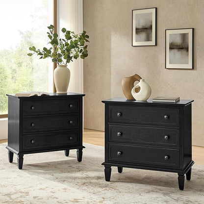 HULALA HOME 3 Drawer End Table with Charging Station, Wooden Drawer Organizer with Wood Legs, Mid Century Modern End Table Set of 2, Black